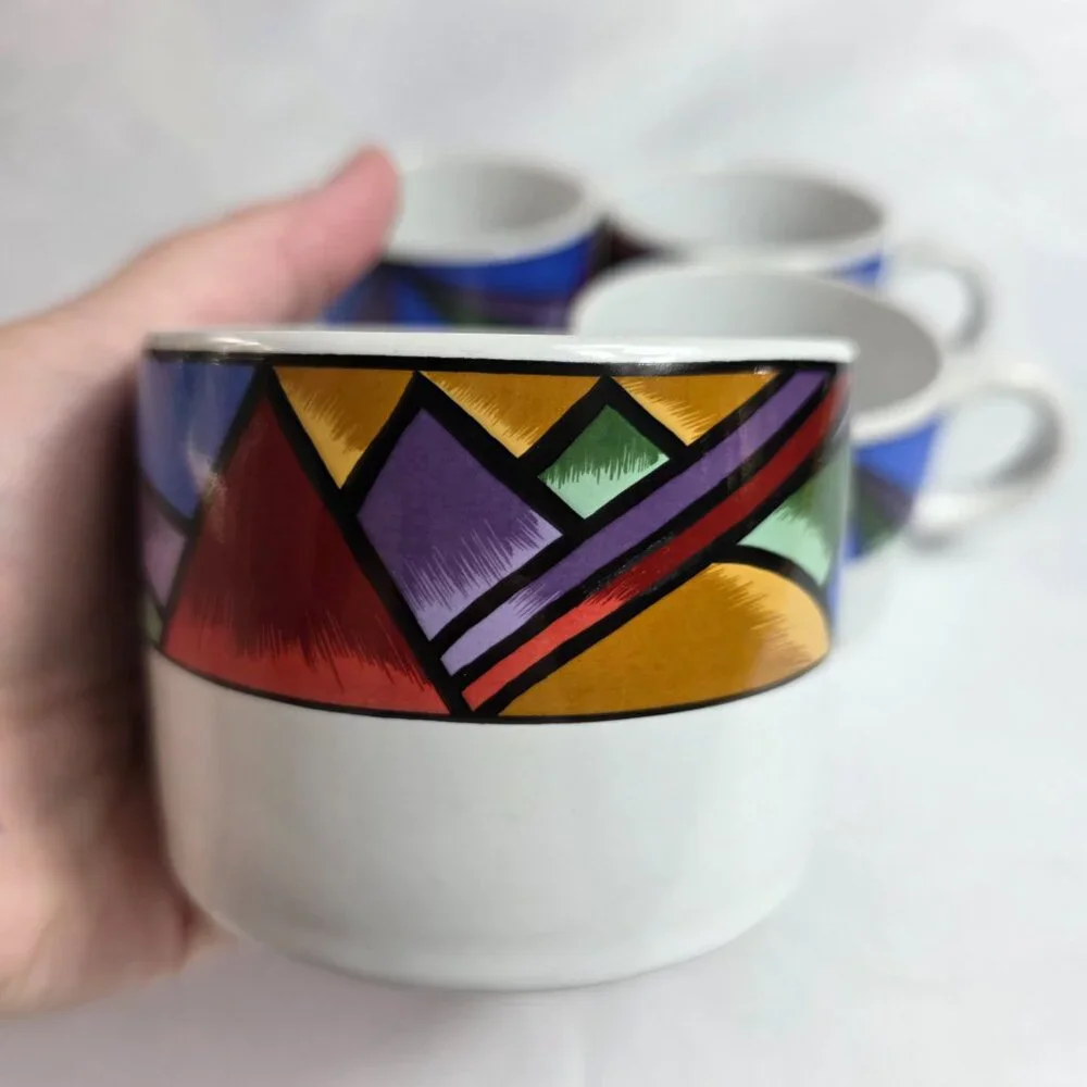 FOUR Sakura Sunset Mountain Flat Cups White with Multicolor Border